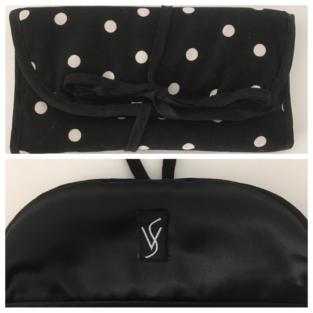 Victoria’s Secret Travel Jewelry Roll Organizer Black White Polka Dots Cloth